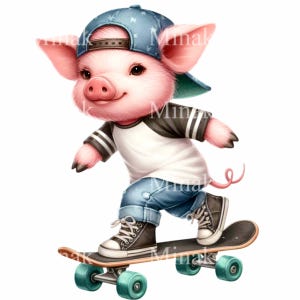 15 PNG de cerdo en patineta. Cerdito genial PNG. Arte de animales de dibujos animados divertidos para impresiones infantiles, fiestas de cumpleaños de niños, pegatinas o diseños de camisetas.