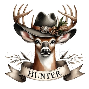 15 Hirsch Jäger PNG Clipart | Rustikaler Buckel mit Cowboyhut | Digitale Kunst zum Thema Jagd