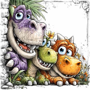 May include: A cartoon illustration of three friendly dinosaurs. The purple dinosaur peeks out from behind a stone wall, while a green and orange dinosaur smile. The dinosaurs have large eyes and are surrounded by flowers and foliage.
