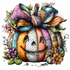 May include: A colorful, patchwork-style pumpkin with a carved face and a large, patterned bow. The pumpkin is surrounded by flowers, leaves, and small pumpkins, creating a festive Halloween or autumn theme.