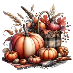 Puede incluir: Una cesta tejida llena de calabazas, calabacines y follaje de oto&ntilde;o. La cesta est&aacute; decorada con un patr&oacute;n de cuadros y se encuentra sobre una tela de cuadros.