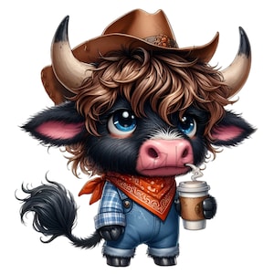 12 imágenes PNG de toros vaqueros adorables, vaca bebé con sombrero, taza de café, pañuelo y overol, arte animal del oeste, descarga digital