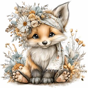 May include: A charming illustration of a fox cub with a floral crown and scarf. The fox has soft, orange fur, big blue eyes, and is surrounded by flowers in shades of white, yellow, and blue. The scarf has a floral pattern.