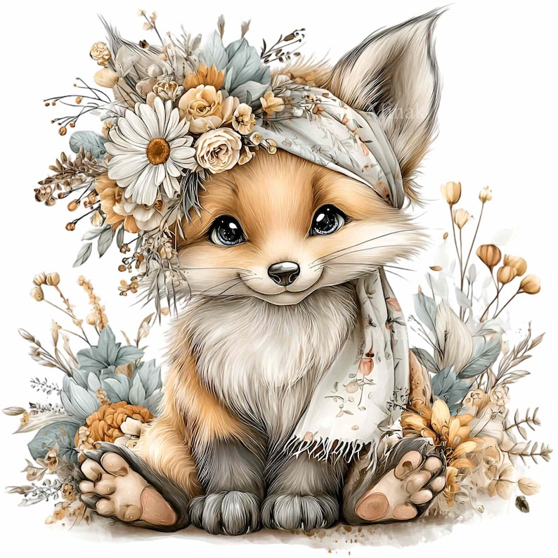May include: A charming illustration of a fox cub with a floral crown and scarf. The fox has soft, orange fur, big blue eyes, and is surrounded by flowers in shades of white, yellow, and blue. The scarf has a floral pattern.