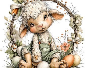 15 Fluffy Lamb Easter Egg Wreath Png, Spring Pastel Sublimation Vintage Nursery