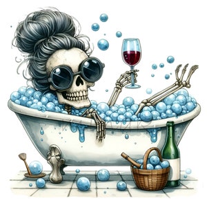 Skeleton Drinking Wine, Relax in Bathtub Soap Bubbles, 17 PNG Funny Cartoon illustration clipart, Digital Downloads, Junk Journal