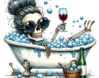 May include: A skeleton with a messy bun and sunglasses relaxes in a white bathtub filled with blue bubbles. The skeleton is holding a glass of red wine.