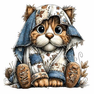 May include: A whimsical illustration of a cat wearing a patchwork denim outfit and shoes. The cat has large, expressive eyes and is adorned with a denim hood with floral and leaf patterns. The overall color palette includes shades of brown, white, and blue.
