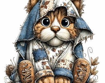 May include: A whimsical illustration of a cat wearing a patchwork denim outfit and shoes. The cat has large, expressive eyes and is adorned with a denim hood with floral and leaf patterns. The overall color palette includes shades of brown, white, and blue.