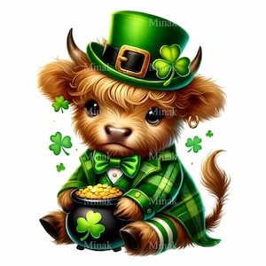 10 cliparts PNG vache Highland irlandaise - jolie vache en tenue verte avec trèfle et pot en or - art numérique de la Saint-Patrick