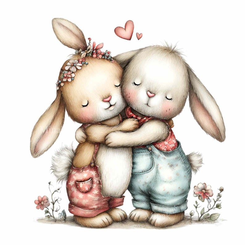 16 PNG Bunny Couple Clipart – Baby Rabbits Hug Illustration, Pastel ...