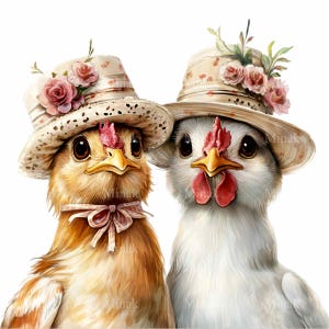 20 Clipart PNG de ferme, mignons poulets dans des chapeaux floraux, art vintage country poule, téléchargement numérique rustique, conception par sublimation
