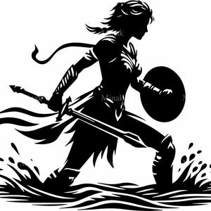May include: Black and white silhouette of a woman warrior holding a sword and shield, wading through water.