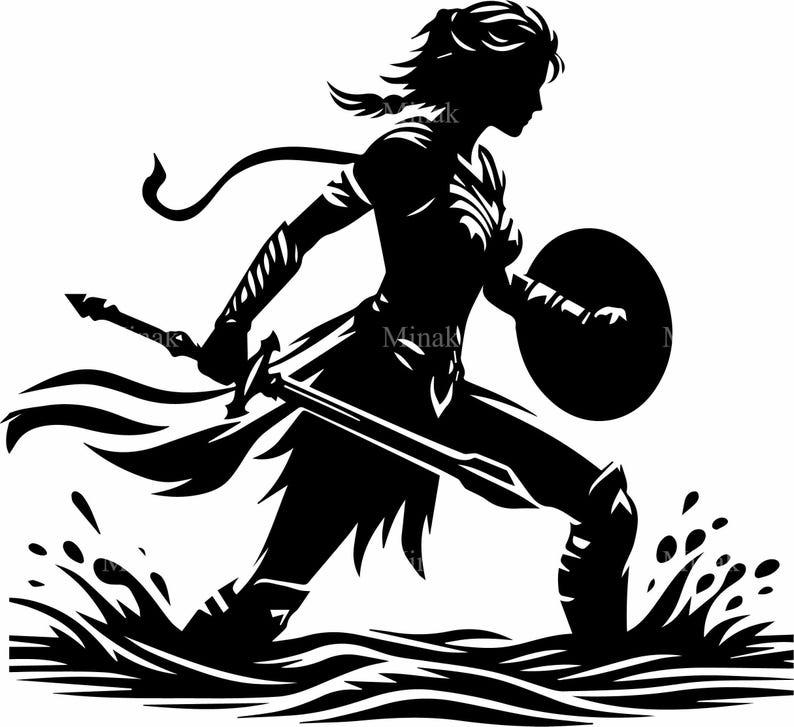 May include: Black and white silhouette of a woman warrior holding a sword and shield, wading through water.