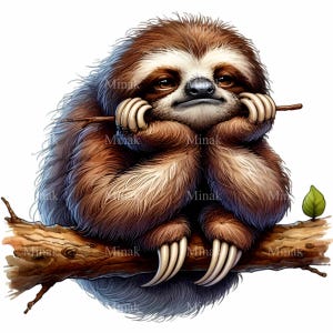 Cute Sloth PNG Clipart - 12 Fluffy Sloth Relaxing on a Branch - Perfect for Sublimation and Digital Crafts