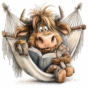 K&ouml;nnte beinhalten: Eine skurrile Illustration eines schottischen Hochlandrinds, das in einer H&auml;ngematte entspannt und ein Buch liest. Das Rind hat braunes Fell, gro&szlig;e H&ouml;rner und tr&auml;gt ein kariertes Hemd und Stiefel. Die H&auml;ngematte ist wei&szlig;, der Hintergrund ist schlicht.