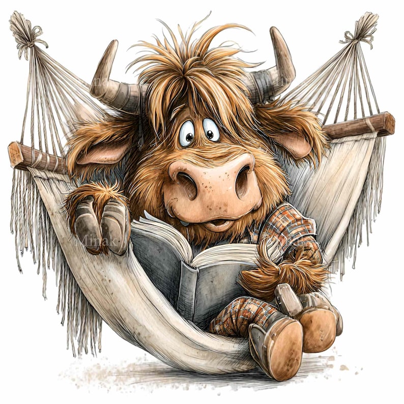 K&ouml;nnte beinhalten: Eine skurrile Illustration eines schottischen Hochlandrinds, das in einer H&auml;ngematte entspannt und ein Buch liest. Das Rind hat braunes Fell, gro&szlig;e H&ouml;rner und tr&auml;gt ein kariertes Hemd und Stiefel. Die H&auml;ngematte ist wei&szlig;, der Hintergrund ist schlicht.