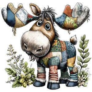 Può includere: Un'illustrazione stravagante di un alce con grandi corna e corpo in stile patchwork. L'alce ha grandi occhi espressivi ed è circondato da elementi floreali. Il patchwork incorpora vari motivi e colori, creando un design unico e artistico.