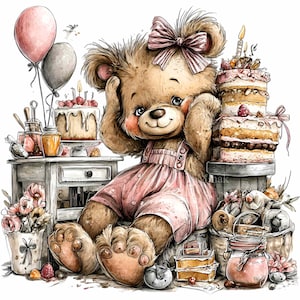 10 PNG Birthday bear clipart – cute girl animal PNG with cake – party decor, pink nursery wall art, sweet celebration illustration
