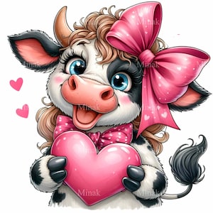 Clipart PNG vache mignon avec noeud rose et coeur, 12 adorables art vache Saint-Valentin, Illustration d'animaux de ferme lunatique