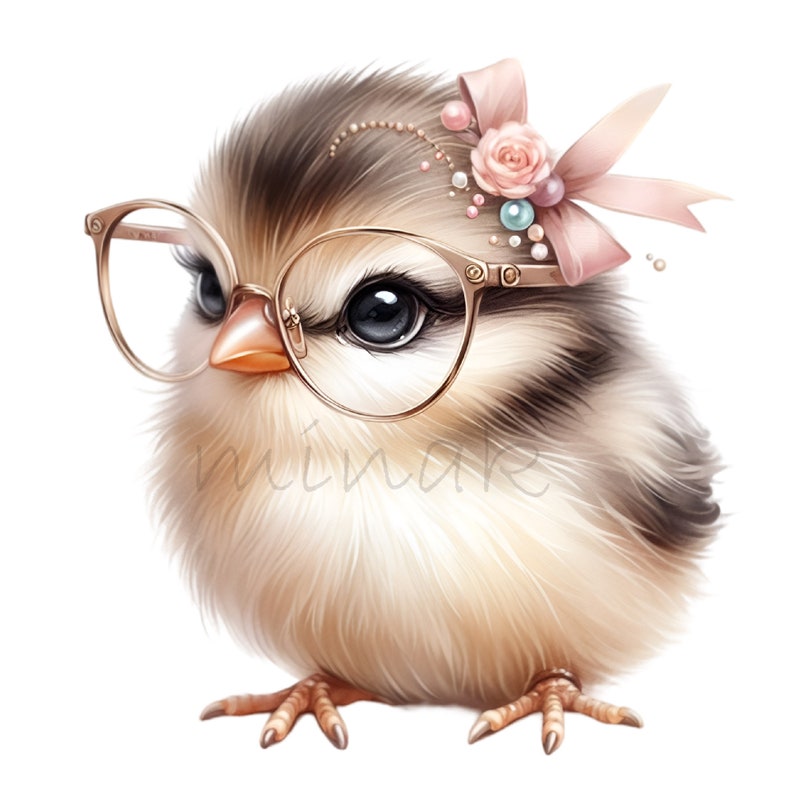 Puede incluir: Un lindo y esponjoso pollito marr&oacute;n y blanco con gafas de montura dorada y un lazo rosa con perlas y cuentas turquesas.