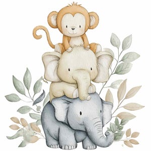 May include: A watercolour illustration depicts a monkey perched on a light yellow elephant, which is stacked on a grey elephant. Green and tan leaves surround the animals. The image has a soft, whimsical feel.