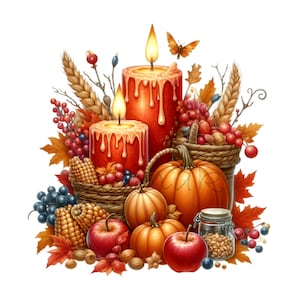 12 PNG Decoración de Acción de Gracias PNG – Clipart de velas de otoño – Calabazas y frutas de cosecha de otoño para tarjetas, vasos, planificadores, sublimación