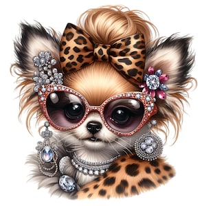 Chihuahua Clipart, Leopard Print Clip Art, 10 PNG Lindo Chihuahua Princesa Día de la Madre Digital, Fabricación de tarjetas, Sublimación, Regalo, Diario basura