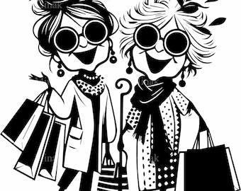 5 SVG Grappige Winkelende Dames – Silhouetten van oudere vrouwen met tassen, modevriendinnen clipart, Cricut snijbestand voor knutselprojecten en cadeaus
