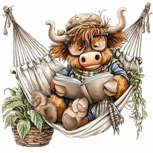 K&ouml;nnte beinhalten: Eine Illustration eines Highland-Rinds, das in einer H&auml;ngematte liest. Das Rind tr&auml;gt eine Brille, einen Hut und einen Schal. Ein Buch ist ge&ouml;ffnet. Eine Topfpflanze steht daneben. Der Stil ist weich und aquarellartig.