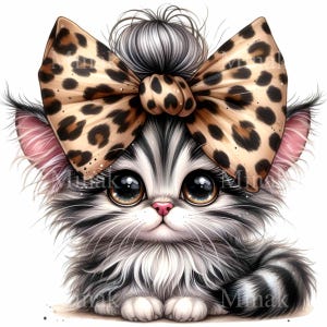 12 Cute Gray Kitten PNG Clipart with Leopard Bow – Fluffy Baby Cat Digital Art for Nursery Wall Decor, Crafts and Gifts