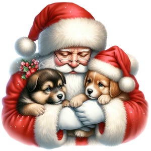 12 cliparts Père Noël câlins PNG | Mignons chiens de Noël avec bonnet de Noel | Illustration d'animal de compagnie pour cartes