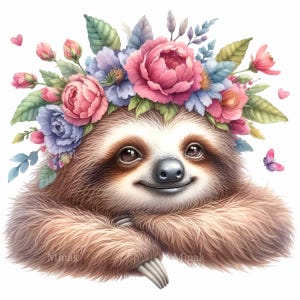14 PNG paresseux couronne de fleurs - clipart PNG mignon - art animalier décontracté pour des impressions de chambre de bébé, des autocollants d'agenda et des projets d'artisanat de printemps
