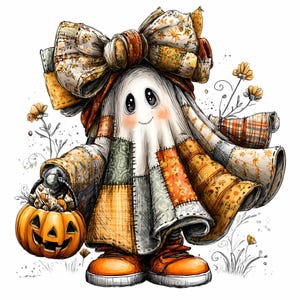 Op de afbeelding: Een grillige illustratie van een spookachtig personage in een patchwork quilt kostuum. Het spook heeft een grote strik, oranje schoenen en draagt een pompoenemmer. Het kleurenpalet omvat oranje, geel, groen en wit, met bloemmotieven.