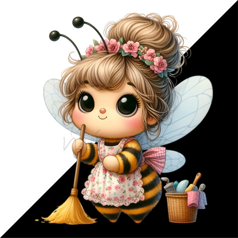 May include: A cartoon illustration of a bee-like character with large eyes, wearing a floral apron and a flower crown. The character holds a broom and has a basket of cleaning supplies. The background is split diagonally, with white and black sections.