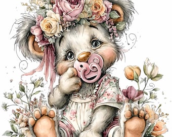 15 PNG Baby Bear Clipart, Pacifier Illustration, Floral Crown Character, Nursery Watercolor Decor