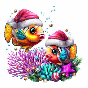 18 cliparts de poisson de Noël PNG avec des chapeaux de père Noël et des récifs coralliens, art mignon de vacances de poissons tropicaux, scène de Noël sous l'océan