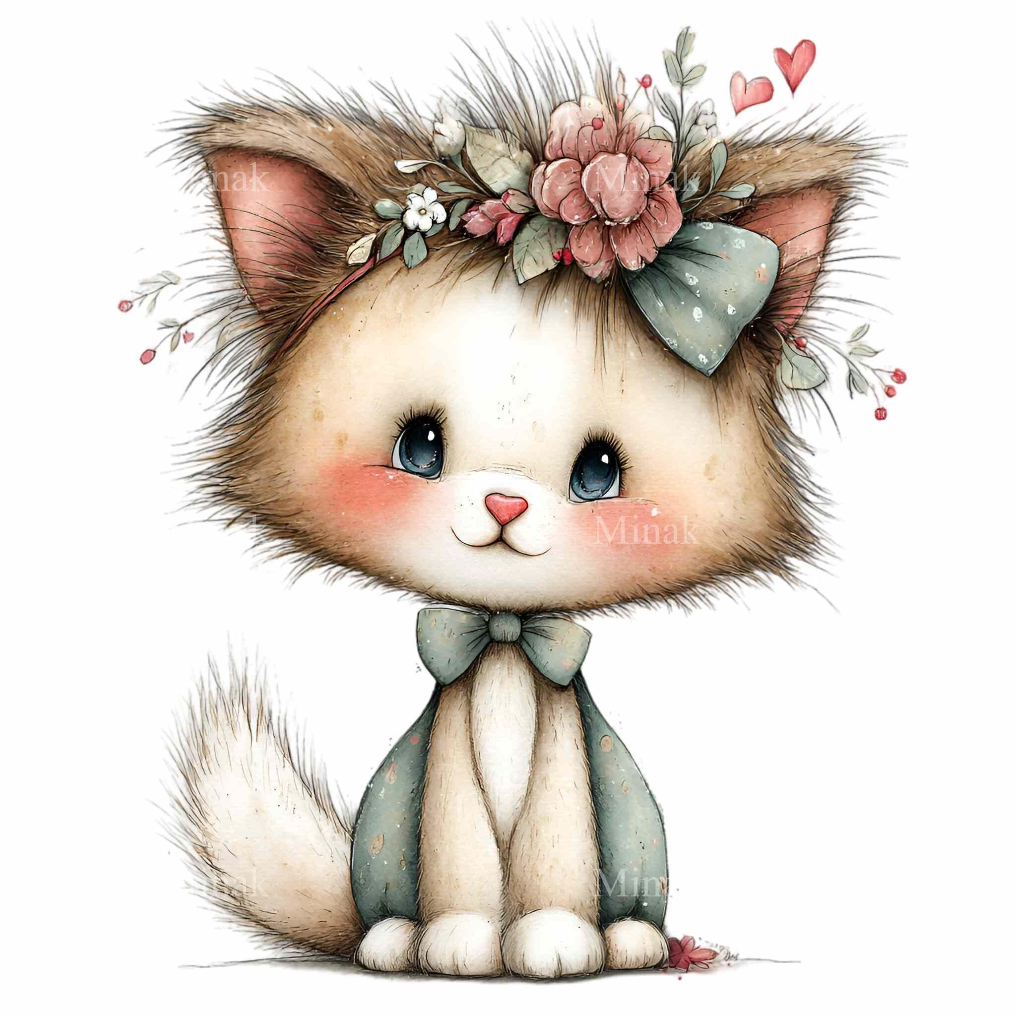 15 PNG Floral Kitten Clipart, Whimsical Cat With Bow, Pink Flower Crown ...