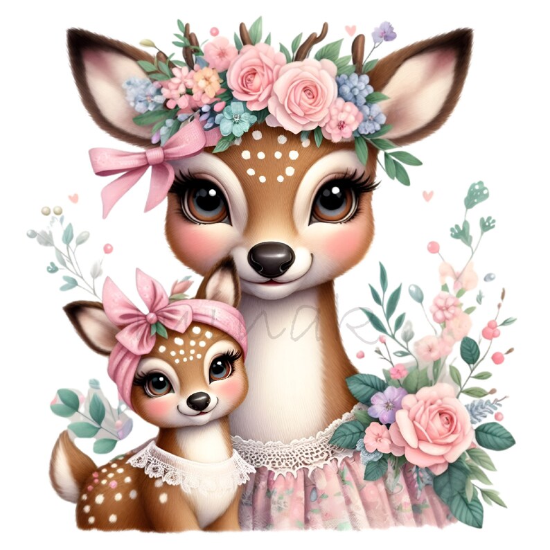 Puede incluir: Una madre y una cr&iacute;a de ciervo con pelaje marr&oacute;n y manchas blancas. Llevan vestidos florales rosas y diademas con lazos rosas. La madre ciervo lleva una corona de flores en la cabeza. El fondo es blanco con flores rosas y verdes.
