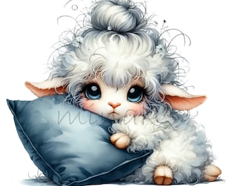 12 PNG Messy Bun Lamb Watercolor Sheep Clipart, Pillow Nursery Baby
