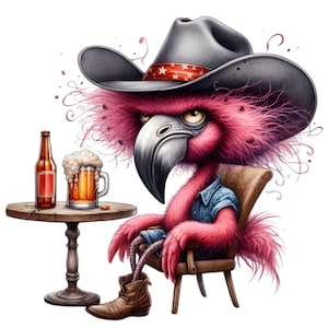 10 Cowboy Flamingo PNG – Pássaro Engraçado do Oeste Bebendo Cerveja – Clipart de Humor de Bar Retro para Sublimação, Camisetas e Adesivos