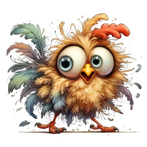 Può includere: Un'illustrazione di un pulcino marrone e blu con grandi occhi rotondi e un becco giallo brillante. Il pulcino ha una cresta rossa sulla testa e sta in piedi con le gambe divaricate. Le piume del pulcino sono arruffate e sembrano volare via dal suo corpo.