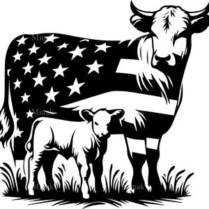 8 SVG Bandera vaca ternero SVG – Archivo de corte de vaca patriótica con bebé – Clipart de animales de granja para manualidades rústicas del 4 de julio y proyectos de vinilo