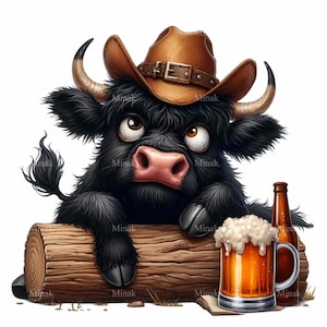 Cowboy stier bier clipart, 15 png-stier met cowboyhoed en bierpul, leuke png-afbeelding voor sublimatie of ambachtelijke projecten