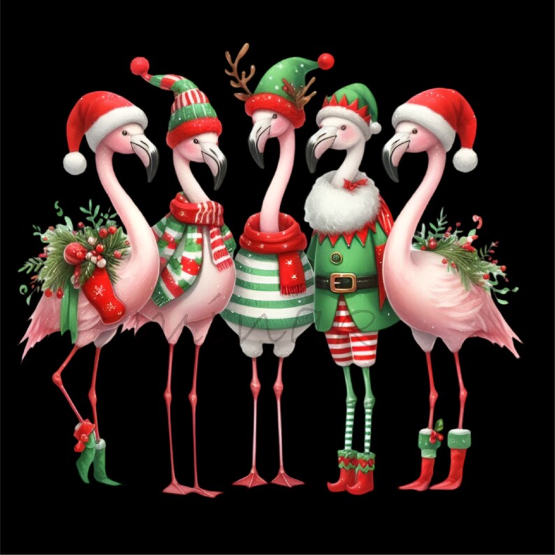 May include: A digital illustration of five pink flamingos dressed in Christmas attire. Each flamingo wears a different festive outfit, including Santa hats, elf costumes, and scarves, set against a black background.