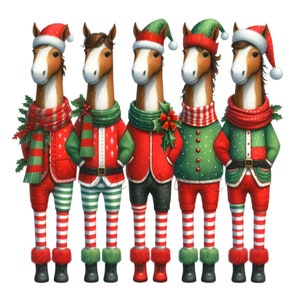 12 Caballos navideños PNG – Clipart de caballos navideños – Descarga digital de animales festivos para tarjetas, manualidades infantiles y decoración
