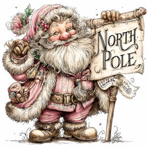 10 PNG Pink Santa Clipart – Christmas Father PNG – Vintage Holiday Character with Scroll Sign for Cards, Tags, Sublimation Design