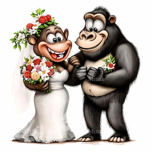 12 lustige Gorilla Hochzeit PNG Clipart - Cartoon Braut und Bräutigam Affen mit Blumen - Dschungeltier Sublimation für Liebe & Humor Geschenke