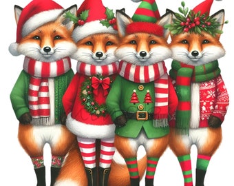 クリスマスのキツネのPNG画像10点、冬のクリップアート、ホリデーグラフィック