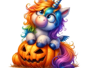 12 Unicornios Arcoíris Calabaza de Halloween PNG, Clipart Mágico Fantasía Otoñal Pastel